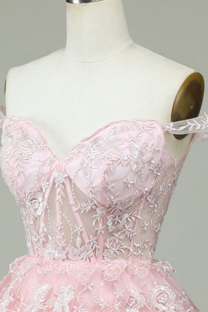 Vintage Pink Floral Embroidery Design A-line Off-the-shoulder Tiered Homecoming Dress HZ1024