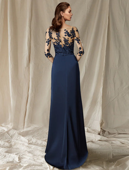 Aimishang  Sheath / Column Mother of the Bride Dress Wedding Guest Plus Size Elegant Jewel Neck Sweep / Brush Train Chiffon Half Sleeve with Appliques Fall