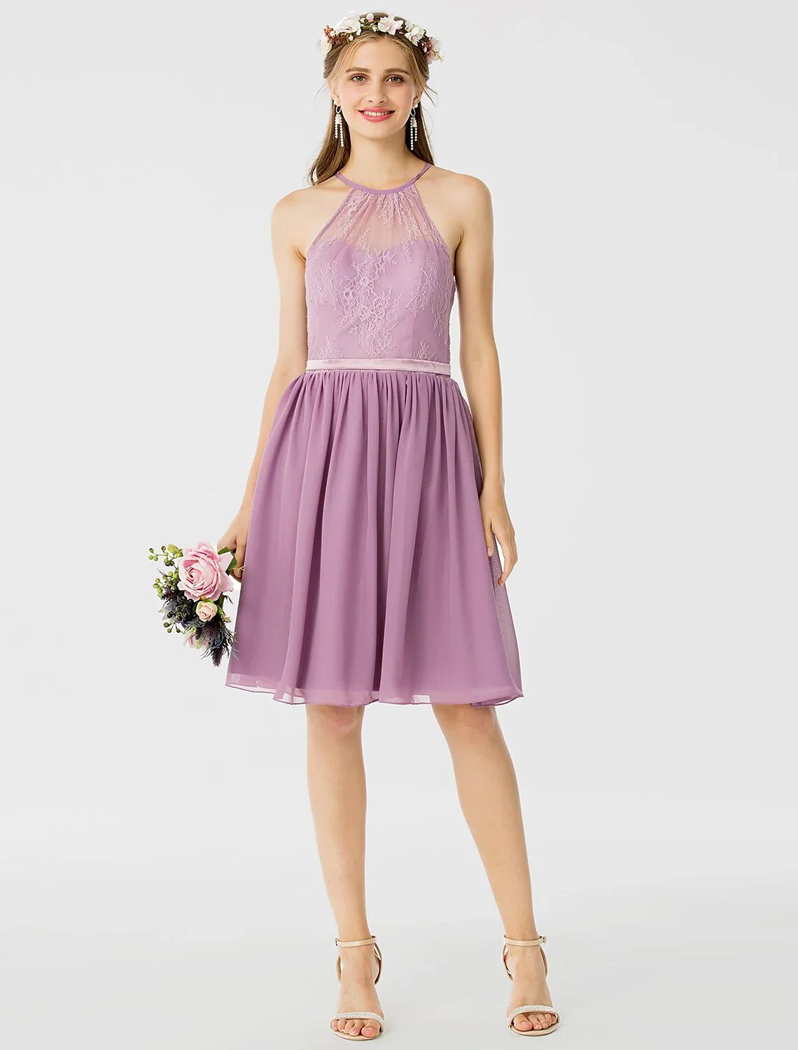 DingjiA-Line / Princess Halter Neck Knee Length Chiffon / Corded Lace Bridesmaid Dress with Sash / Ribbon / Pleats