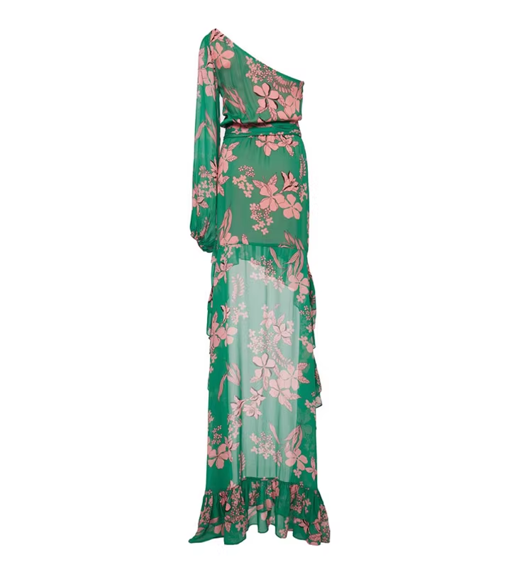 Fashion Green Floral Asymmetric Ruffled Hem Design A-line Party Dress HZ1024