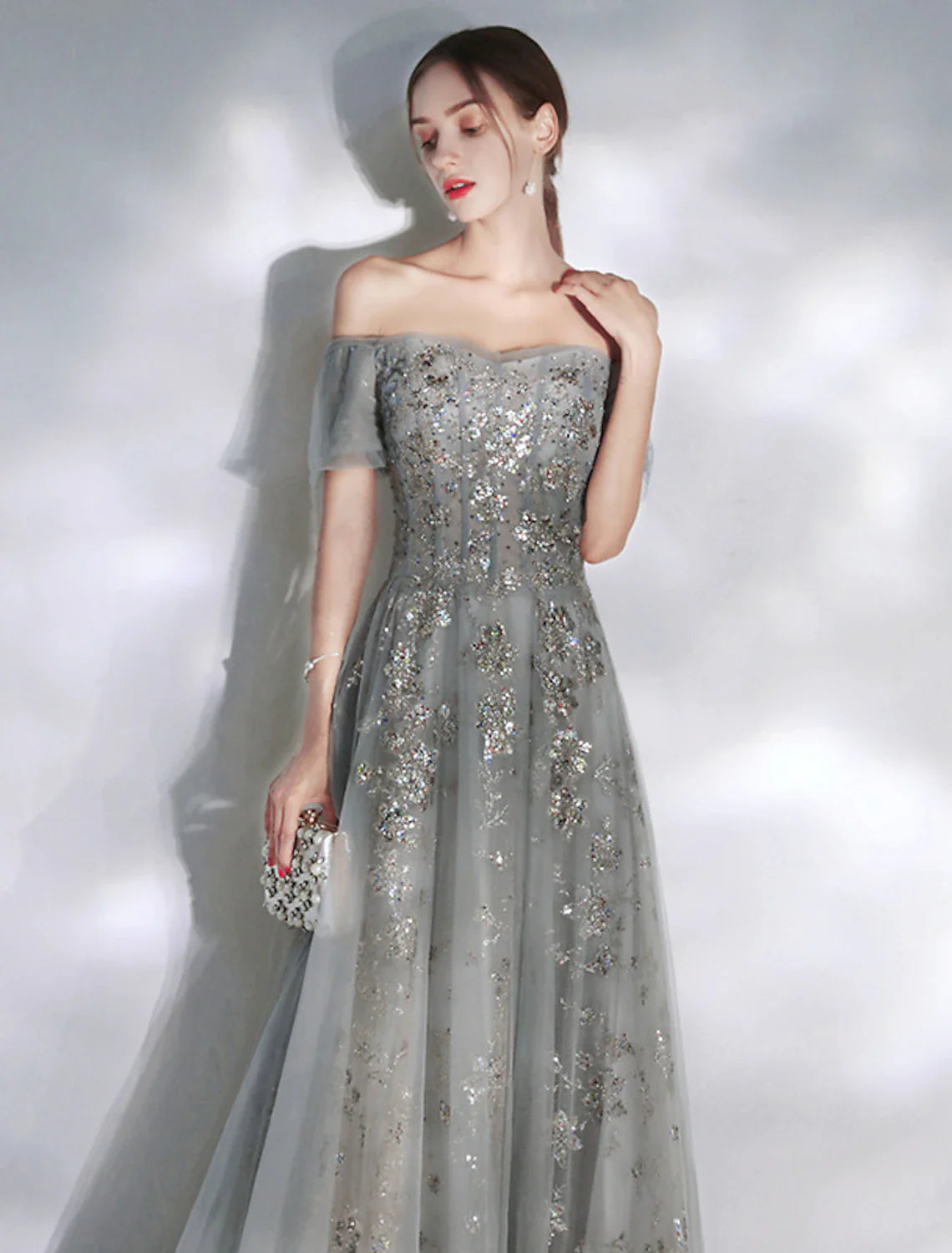 Aimishang A-Line Evening Gown Glittering Dress Engagement Floor Length Short Sleeve Off Shoulder Spandex with Sequin Appliques