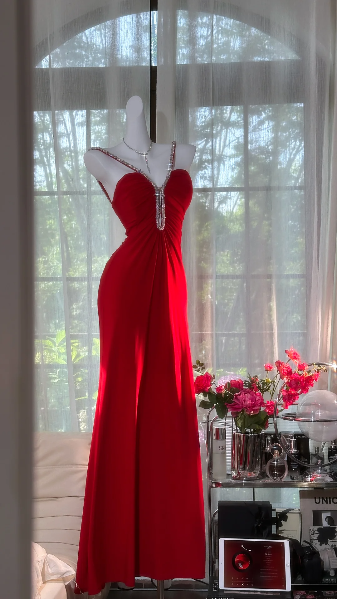 Retro Burgundy Sparkling Sequin Spaghetti Strap Romantic Sweetheart Evening Dress Prom Dresses HZ1024
