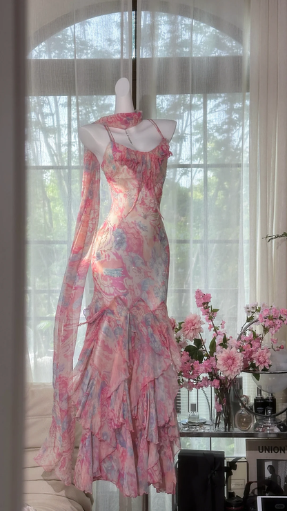 Elegant Fairy Mermaid Long Chiffon Spaghetti Strap Ball Gown Evening Dress Prom Dresses HZ1024