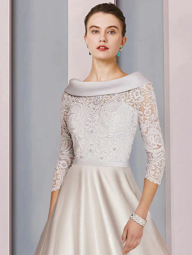 A-Line Mother of the Bride Dress Formal Church Party Elegant Cowl Neck Tea Length Satin Lace 3/4 Length Sleeve with Beading Appliques