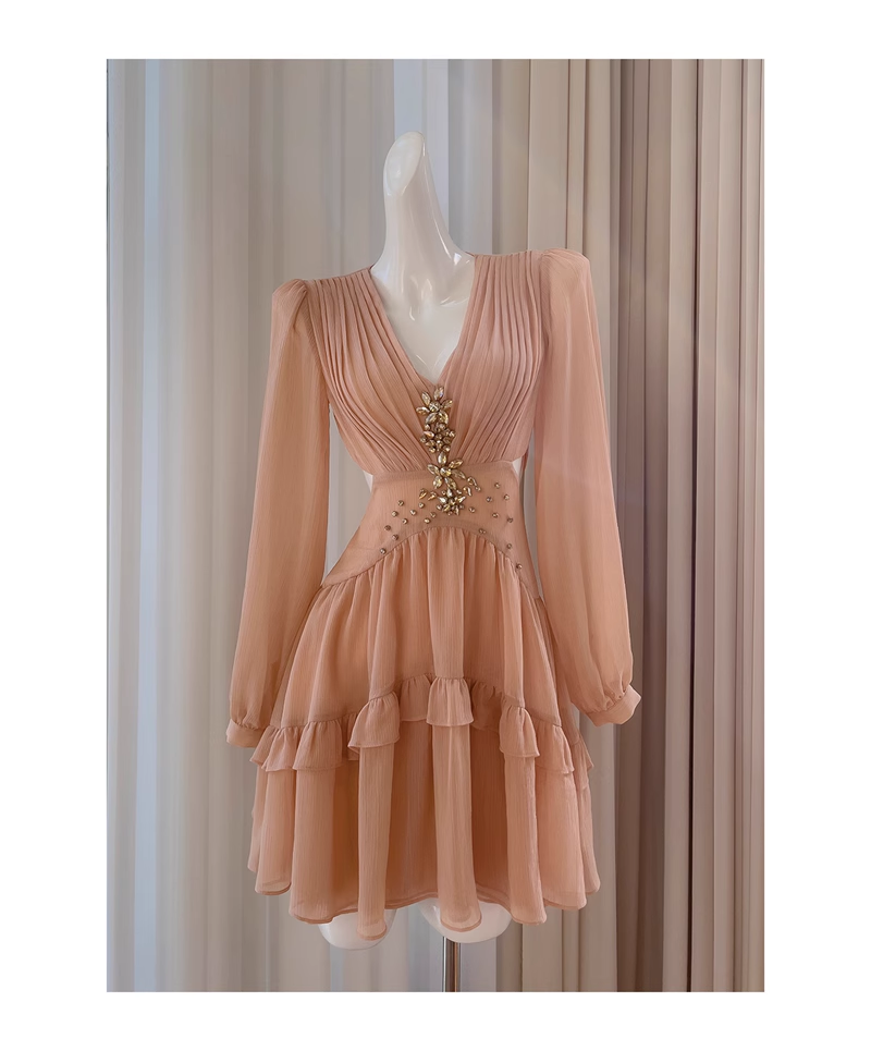 Retro Beading Design A-line Chiffon Long- sleeved V-neck Party Dresses Homecoming Dresses, HZ1024