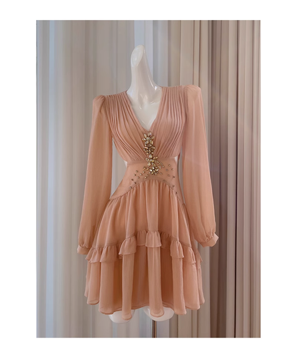 Retro Beading Design A-line Chiffon Long- sleeved V-neck Party Dresses Homecoming Dresses, HZ1024