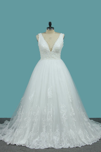 Deep V-Neck Backless Long Wedding Dress With Lace Appliques