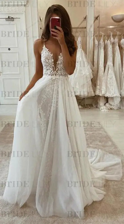 Deep V Neck Ivory Lace Long Wedding Dresses White Lace Dresses with High Split