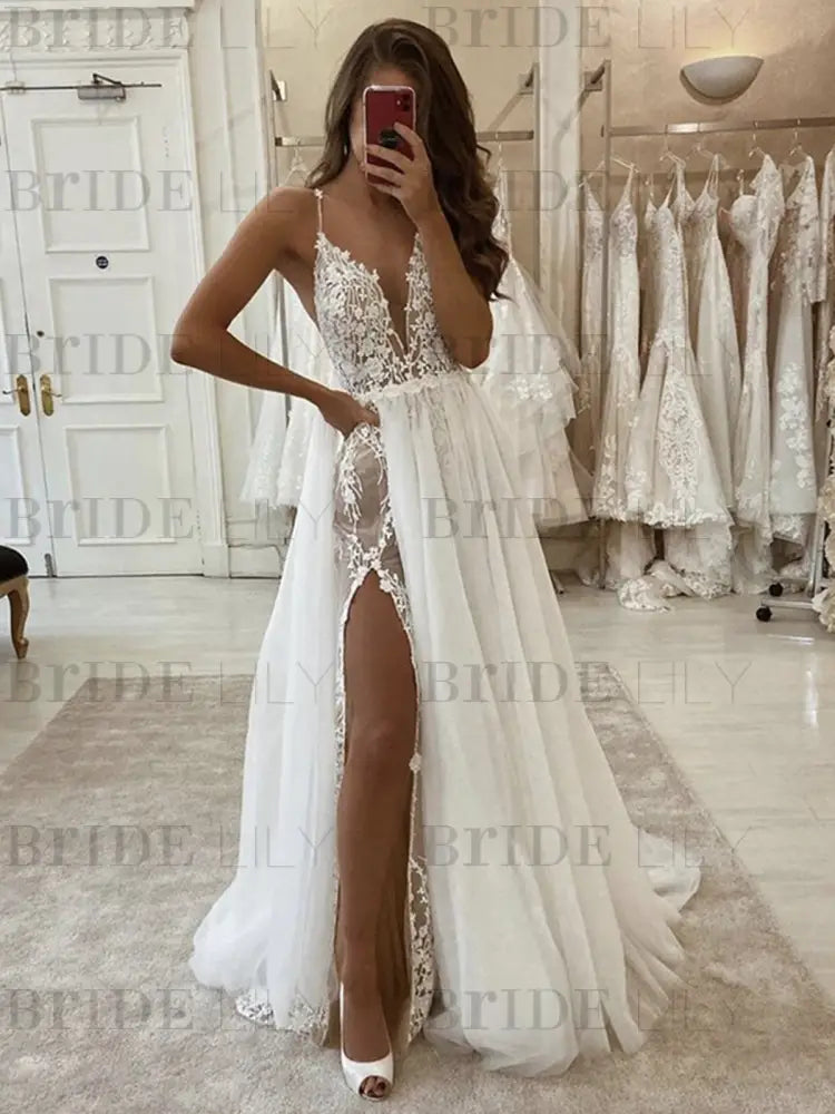 Deep V Neck Ivory Lace Long Wedding Dresses White Lace Dresses with High Split