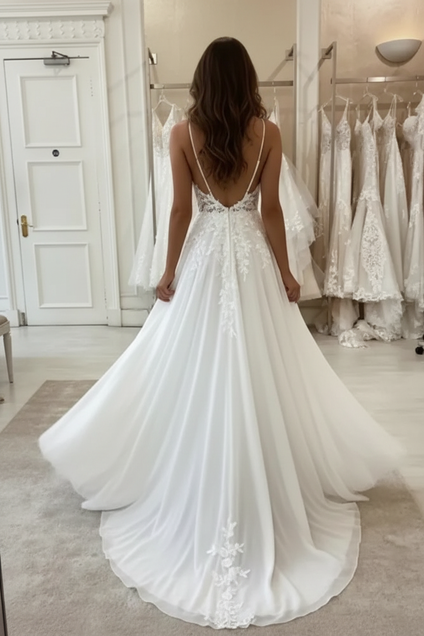 Deep V Neck Ivory Lace Long Wedding Dresses White Lace Dresses with High Split