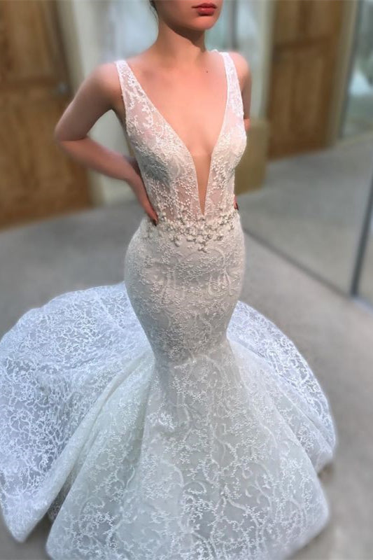 Deep V-Neck Long Wedding Dress Mermaid with Lace Appliques