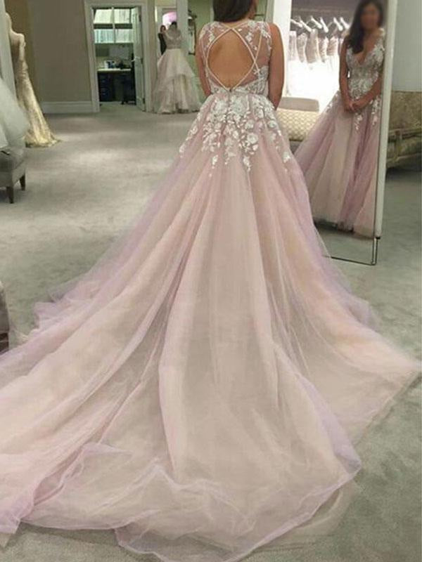 Deep V Neck Sleeveless Lace Wedding Dress Floral Floor Length Tulle Bridal Gowns