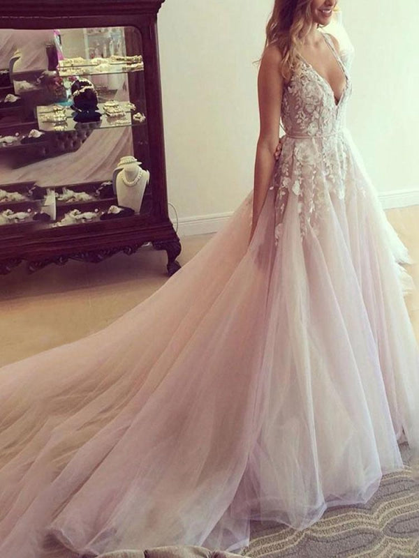 Deep V Neck Sleeveless Lace Wedding Dress Floral Floor Length Tulle Bridal Gowns