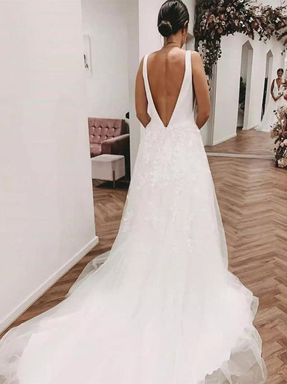 Deep V Neck White Lace Long Wedding Dresses with Train Tulle Aline Bridal Dress