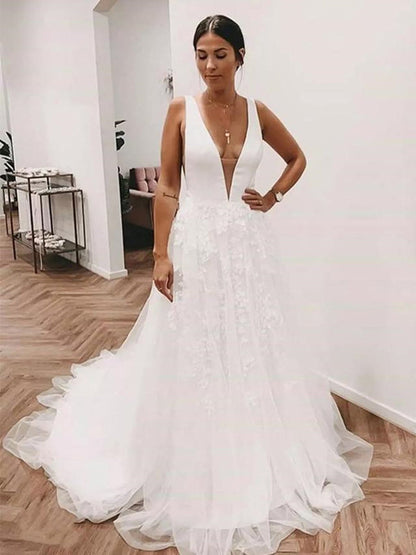 Deep V Neck White Lace Long Wedding Dresses with Train Tulle Aline Bridal Dress