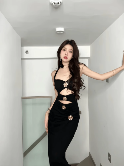 Elegant Black Halter-neck Rose Metal Button Prom Dress Sheath Evening Gown Party Dress Trailing Long Formal Dress HZ1024