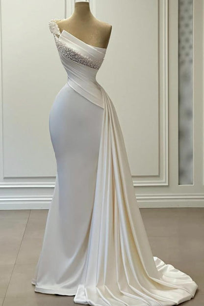Delicate One-Shoulder Beaded Sleeveless Ruched Satin Wedding Dress