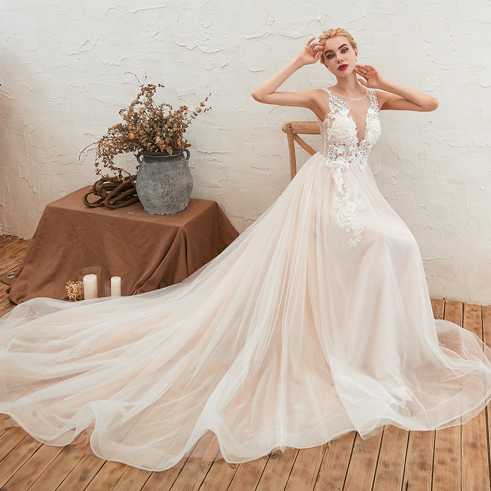Designer Scoop Tulle Wedding Dress With Lace Appliques and Open Back