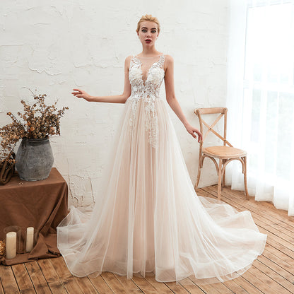 Designer Scoop Tulle Wedding Dress With Lace Appliques and Open Back