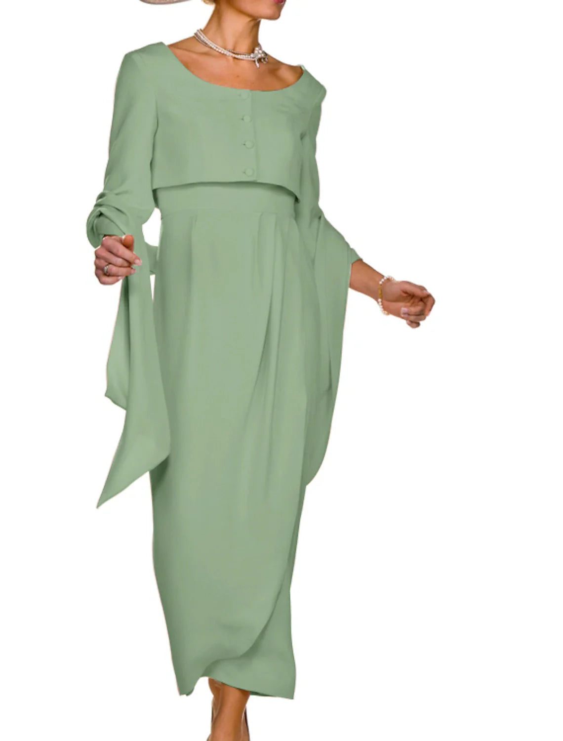 Two Piece Sheath / Column Mother of the Bride Dress Wedding Guest Elegant Square Neck Ankle Length  Fabric Sleeveless Short Jacket Dresses with Buttons Pleats