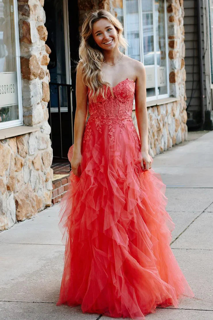 Gentle Tulle Coral Strapless Layered Prom Dress with Applique