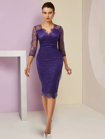 Aimishang  Two Piece Sheath / Column Mother of the Bride Dress Formal Fall Wedding Guest Elegant detachable V Neck Knee Length Chiffon Lace 3/4 Length Sleeve with Bow(s)