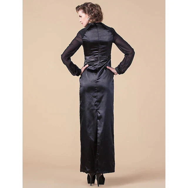Sheath / Column Mother of the Bride Dress Queen Anne Floor Length Chiffon Stretch Satin Long Sleeve with Sash / Ribbon Beading Side Draping