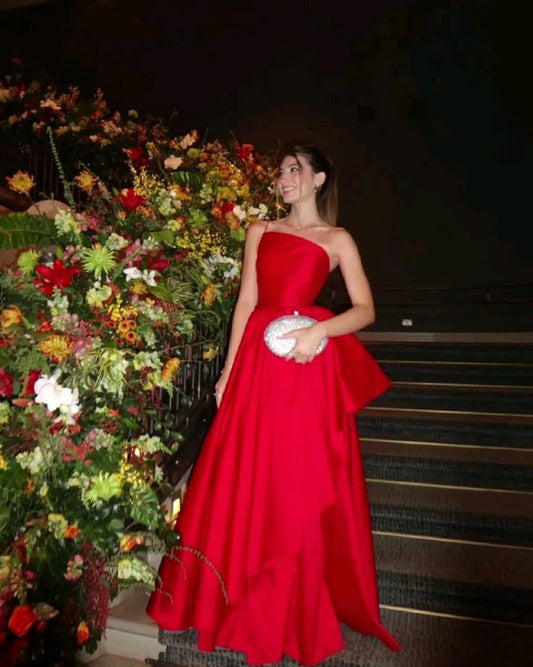 Fancy A line One Shoulder Red Long Satin Evening Dress Party Gowns Evening Special Formal Dresses Prom Dress DH1348