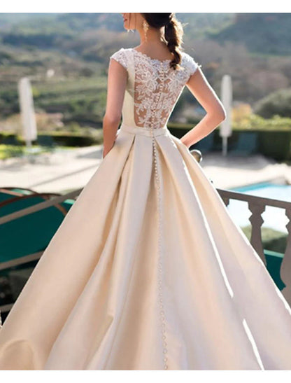 Aimishang Hall Royal Style Wedding Dresses A-Line Scoop Neck Sleeveless Court Train Satin Bridal Gowns With Pearls Appliques