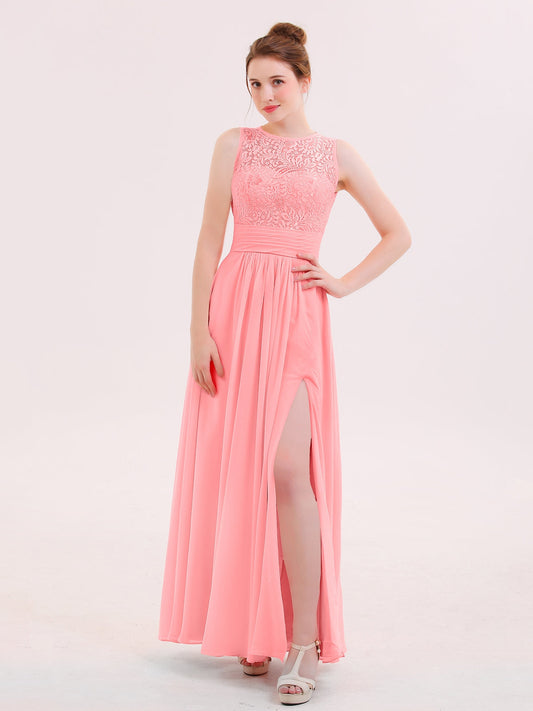Illusion Neck Lace and CHIffon Dress with Slit Flamingo