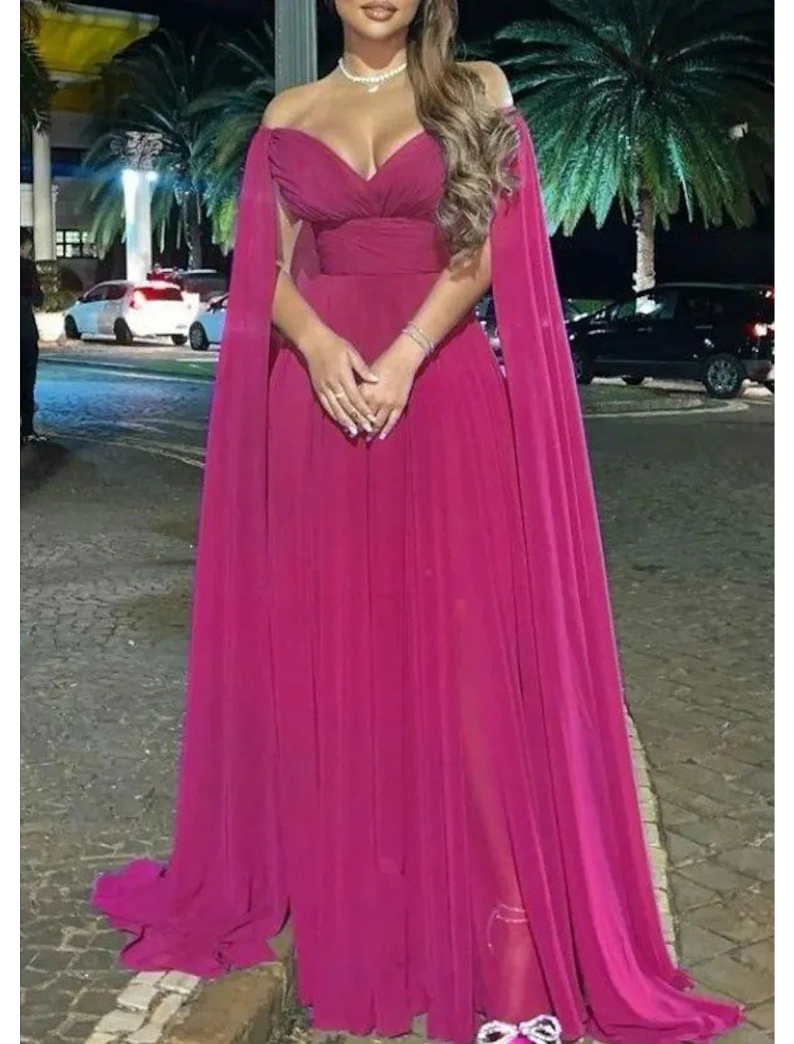 Aimishang A-Line Evening Gown Elegant Dress Formal Wedding Party Sweep / Brush Train Sleeveless Off Shoulder Capes Chiffon with Pleats
