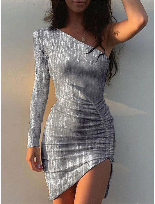 Women's Party Dress Homecoming Dress Cocktail Dress Mini Dress Silver Long Sleeve Pure Color Ruched Fall Winter Autumn One Shoulder Fashion Winter Dress Wedding Guest Birthday