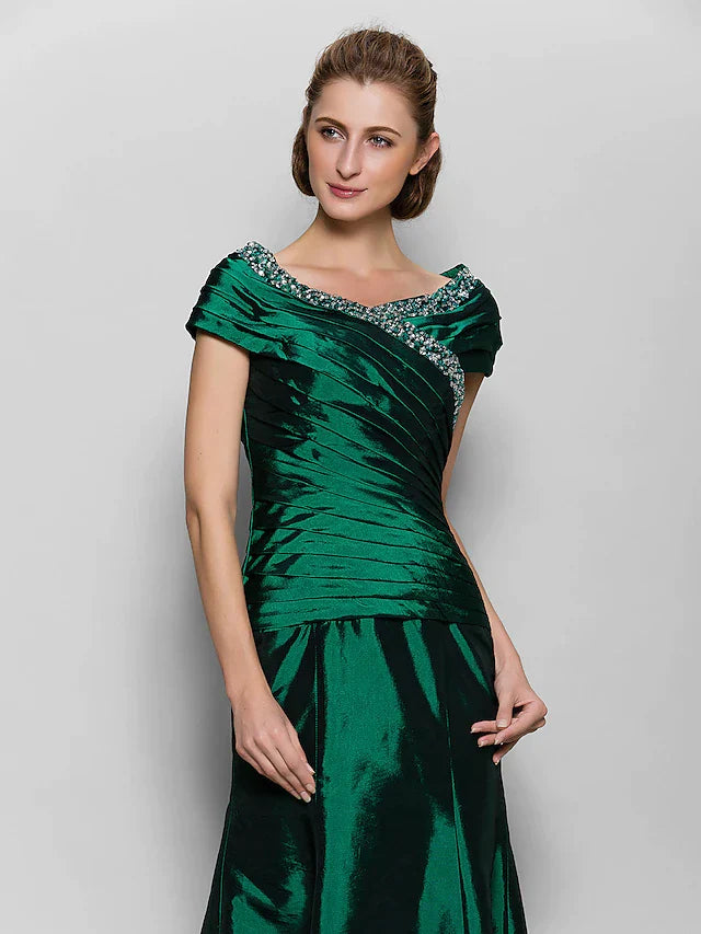 A-Line Mother of the Bride Dress Vintage Inspired V Neck Ankle Length Taffeta Short Sleeve with Beading Side Draping