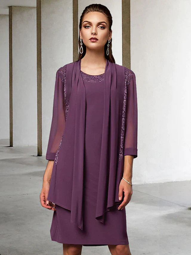 Two Piece Sheath / Column Mother of the Bride Dress Elegant Jewel Neck Knee Length Chiffon Lace Sleeveless Jacket Dresses with Solid Color