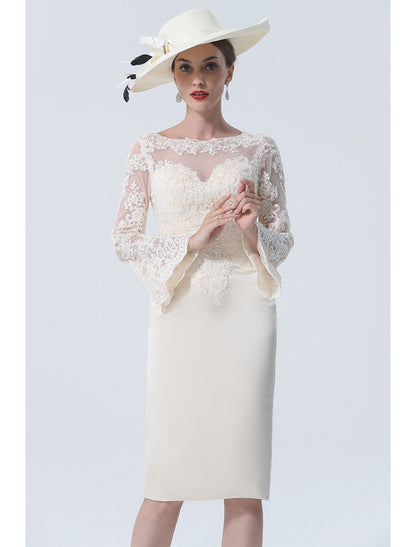 Aimishang  Sheath / Column Mother of the Bride Dress Vintage Plus Size Elegant Jewel Neck Knee Length Satin Lace Long Sleeve with Lace