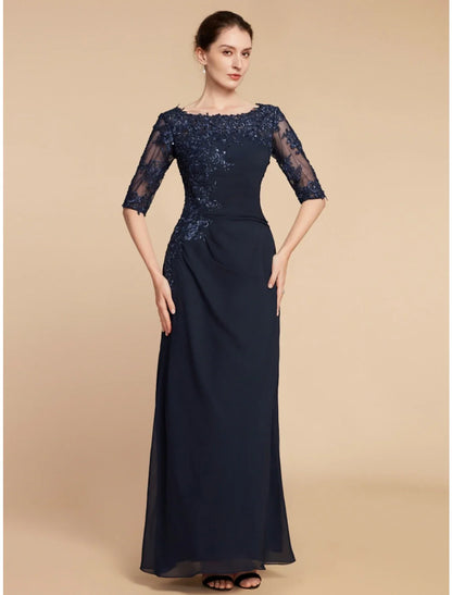 Aimishang  Sheath / Column Mother of the Bride Dress Wedding Guest Elegant Scoop Neck Ankle Length Chiffon Lace Half Sleeve with Sequin Ruching Solid Color