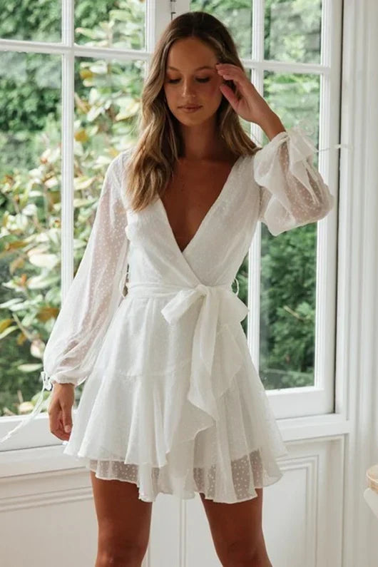 Vintage White V-neck Short A-Line Party Dress Cocktail Dress Homecoming Dress HZ1024