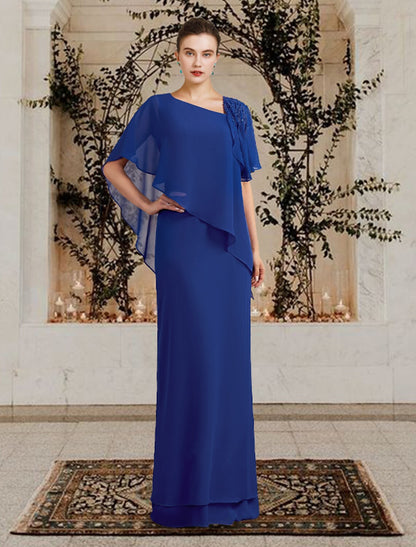 Aimishang  Sheath / Column Mother of the Bride Dress Plus Size Elegant Bateau Neck Floor Length Chiffon Short Sleeve with Beading Ruffles