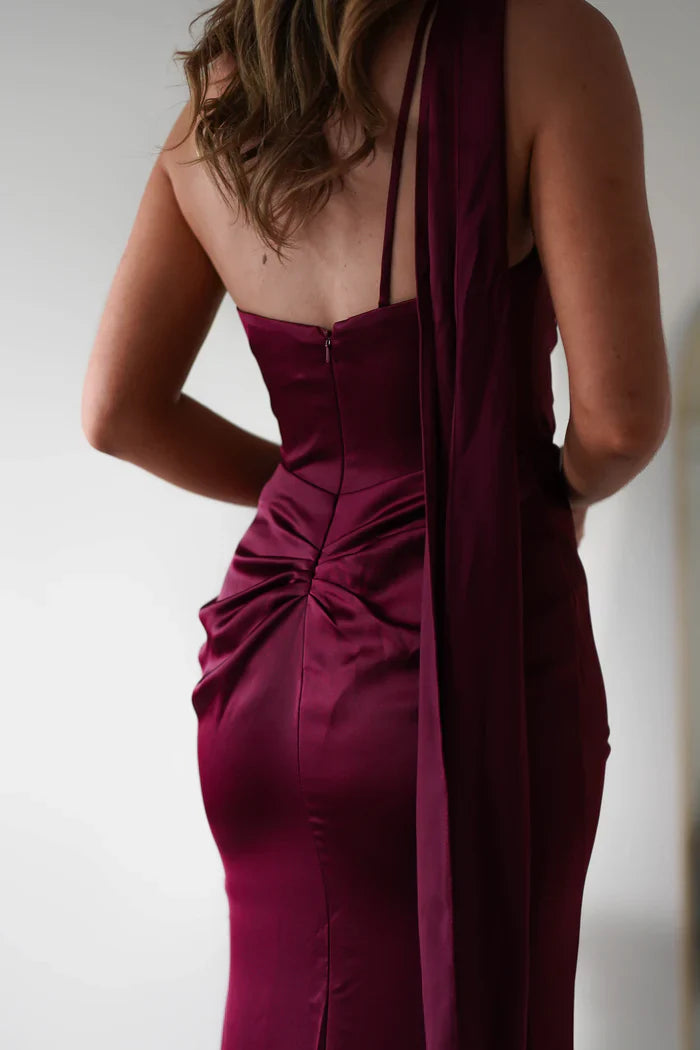 Dingji Weddingji Dresse Burgundy split neck formal bridesmaid dress