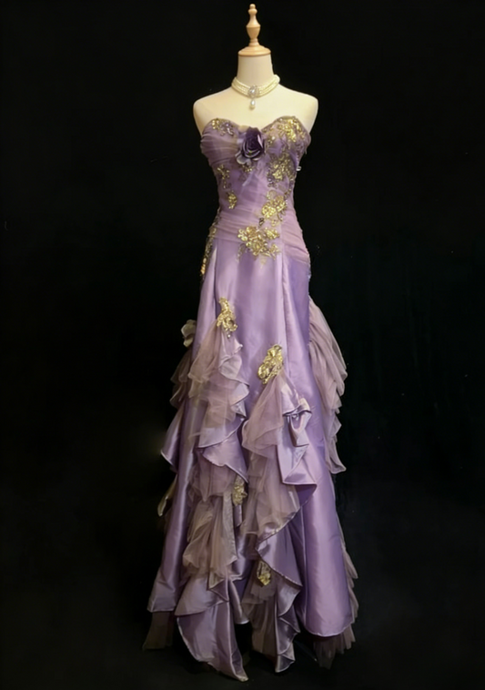 Sweet Purple Prom Dress Satin Sheath Appliques Evening Dress Sleeveless Birthday Dress DP05207