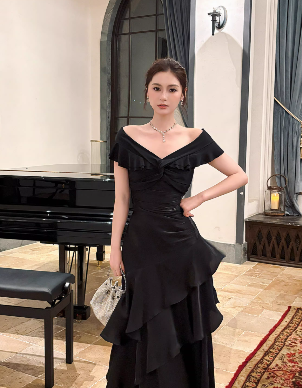 Elegant Off-Shoulder Sheath Long Prom Dresses Satin Black Evening Dresses DP3804