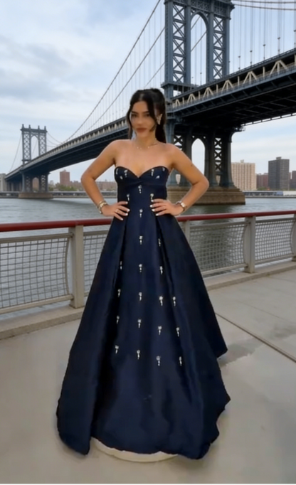 Elegant Sweetheart A-Line Navy Blue Long Prom Dresses Sleeveless Satin Navy Blue Evening Dresses DP3853