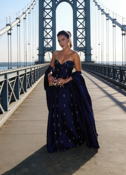 Elegant Sweetheart A-Line Navy Blue Long Prom Dresses Sleeveless Satin Navy Blue Evening Dresses DP3853