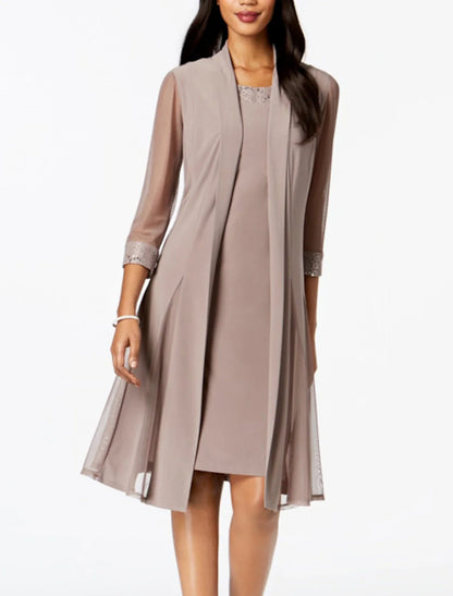 Two Piece Sheath / Column Mother of the Bride Dress Wedding Guest Elegant Jewel Neck Knee Length Chiffon Sleeveless Wrap Included Jacket Dresses with Sequin Ruching