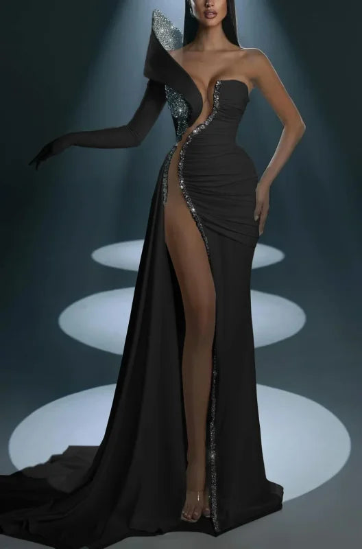 Dramatic One-Shoulder Mermaid Evening Dress Long with High Slit