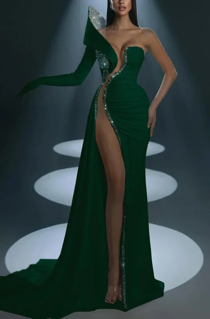 Dramatic One-Shoulder Mermaid Evening Dress Long with High Slit