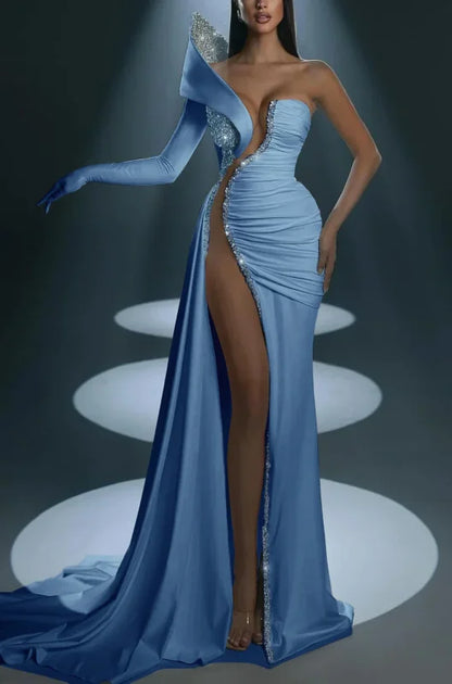 Dramatic One-Shoulder Mermaid Evening Dress Long with High Slit