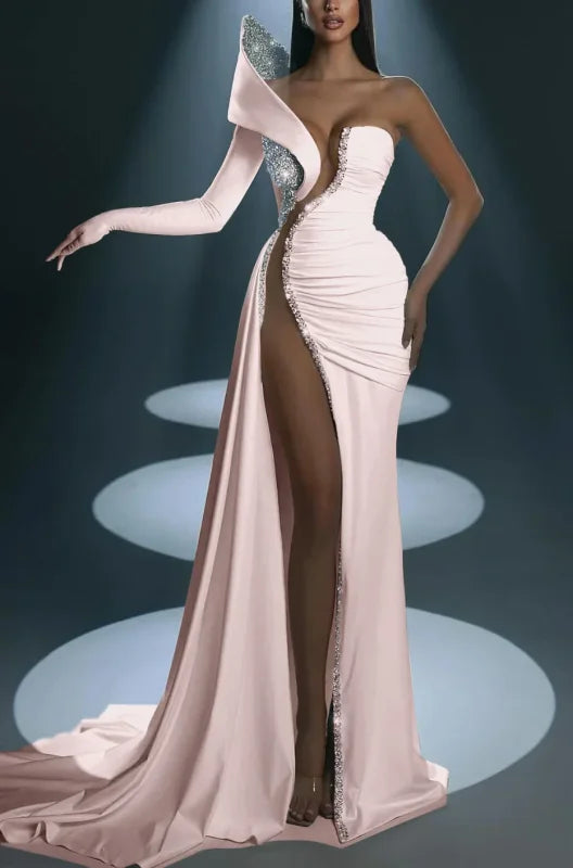 Dramatic One-Shoulder Mermaid Evening Dress Long with High Slit