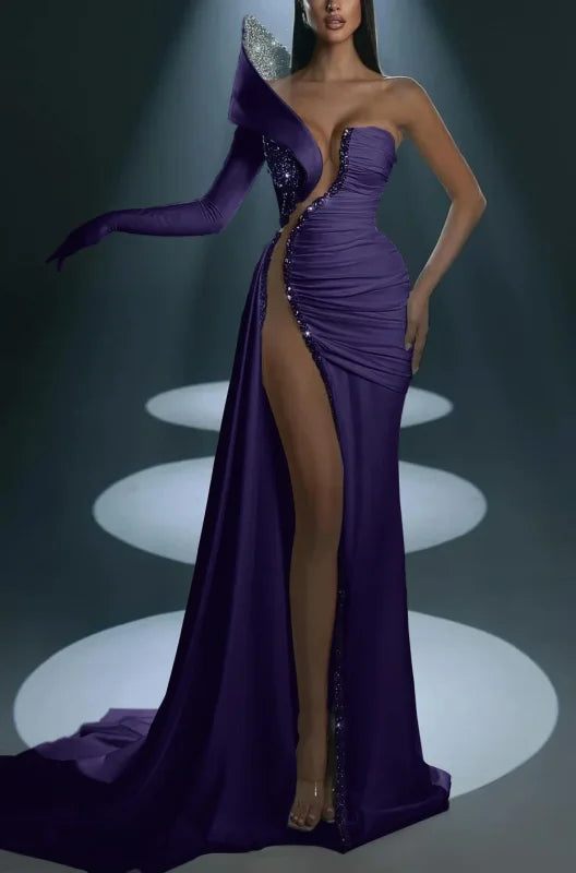 Dramatic One-Shoulder Mermaid Evening Dress Long with High Slit