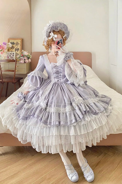 Light Purple Satin Square Neck Long Sleeve Tiered Ballgown Rococo-style Lace Bow Tea Party·Retro Party Dress gh6739